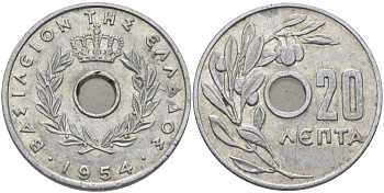 Греция 20 лепта 1954 Павел I (1947-1964), оливковая ветвь KM 79 алюминий 28-214