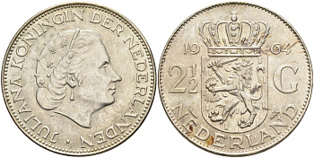 Нидерланды 2 1/2 гульдена 1964 Юлиана (1948-1980) KM 185 серебро 4131-1046