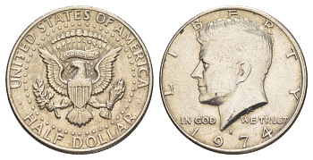 США 1/2 доллара (50 центов) 1974 D, Джон Кеннеди KM 202b медь плакированная медно-никелем aUNC 4123-822