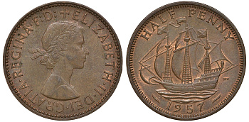 Великобритания 1/2 пенни 1957 Елизавета II (1952-2022) KM 896, Spink 4158 бронза 4163-613