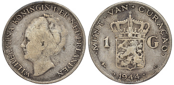 Нидерландское Кюрасао 1 гульден 1944 D, Вильгельмина (1890-1948) KM 45 серебро 36-542