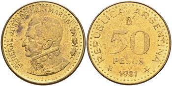 Аргентина 50 песо 1981 генерал Хосе де Сан Мартин KM 83а сталь плакированная латунью 4574-1224
