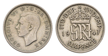 Великобритания 6 пенсов 1947 Георг VI (1936-1952) KM 862, Spink 4105 медно-никель 4674-657