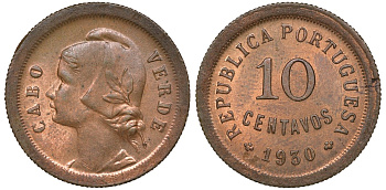 Португальское Кабо-Верде 10 сентаво 1930 KM 2 бронза aUNC 1521-221