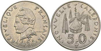 Французская Новая Каледония 50 франков 2008 хижина среди сосен и пальм, (IEOM) KM 13a, Schoen 15a, Lec 128i медно-никель 114-324