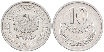 Польша 10 грошей 1967 MW KM AA47, Parchimowicz 206f алюминий XF 192-215