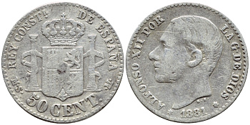 ИСПАНИЯ 50 СЕНТИМО 1881 MS-M, АЛЬФОНСО XII KM 685 серебро 443-521