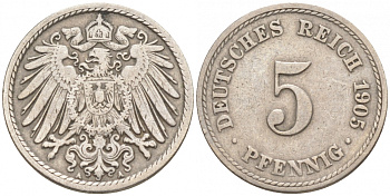 ГЕРМАНИЯ 5 ПФЕННИГОВ 1905 A, KM 11, J. 12 медно-никель 73-1761