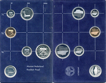 Нидерланды годовой набор из 5 монет (5, 10 и 25 центов; 1 и 2 1/2 гульдена) и жетона монетного двора 1984 в оригинальном буклете (банковская книжка) KM SS18 (202, 203, 204, 205 и 206) PROOF 4-3-2-39