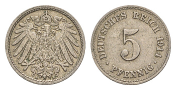 Германия 5 пфеннигов 1914 A, Вильгельм II (1888-1918) KM 11, J. 12 медно-никель 4640-151