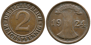 ГЕРМАНИЯ 2 РЕЙХСПФЕННИГА 1924 J KM 38, J. 314 бронза 176-225