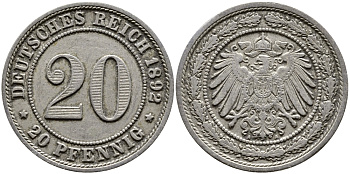 ГЕРМАНИЯ 20 ПФЕННИГОВ 1892 А KM 13 медно-никель 89-1656