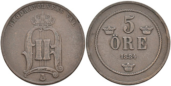 Швеция 5 эре 1884 Оскар II (1872-1907) король Швеции и Норвегии KM 736 бронза 4557-521