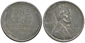 США 1 цент 1943 Авраам Линкольн KM 132 a сталь покрытая цинком 214-617