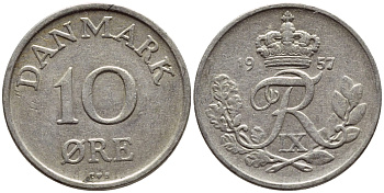ДАНИЯ 10 ЭРЕ 1957 C; S, ФРЕДЕРИК IX (1947-1972) КМ 841.2 медно-никель 4398-923