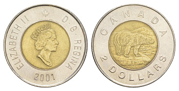 Канада 2 доллара 2001 Елизавета II (1952-2022), полярный медведь KM 270 биметалл aUNC 4631-836