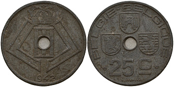 Бельгия 25 сантимов 1942 Belgie - Belgique, Леопольд III (1934-1947), германская оккупация, Вторая мировая война KM 132 цинк 4157-522