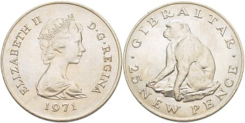 Гибралтар 25 пенсов 1971 Елизавета II (1952-2022), обезьяна KM 5 медно-никель UNC 4527-421