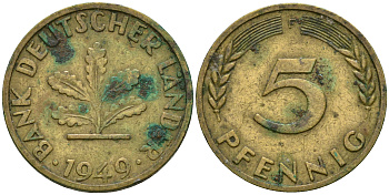 ФРГ 5 пфеннигов 1949 F KM 102, J. 377 сталь плакированная латунью 4364-1614