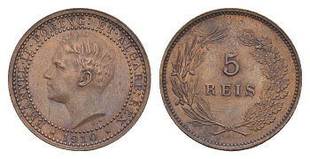 Португалия 5 реалов (рейсов) 1910 Мануэл II (1908-1910), год-тип KM 555 бронза aUNC 3896-1221