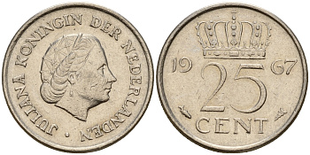 Нидерланды 25 центов 1967 Юлиана (1949-1980) KM 183 никель    4598-426