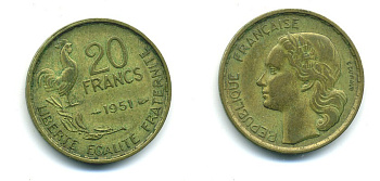 ФРАНЦИЯ 20 ФРАНКОВ 1951 ПЕТУХ, 4 ПЕРА KM 917.1, LE FRANC 402.7 алюминивая бронза 84-822
