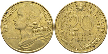 ФРАНЦИЯ 20 САНТИМОВ 1967 ТИП MARIANNE KM 930, LE FRANC 156.7 медь алюминий никель 175-831