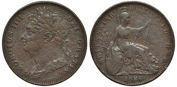 Великобритания 1 фартинг 1826 Георг IV (1820-1830) KM 677, Spink 3822 медь 4556-355