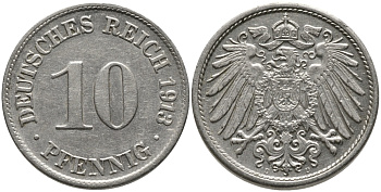 ГЕРМАНИЯ 10 ПФЕННИГОВ 1913 D KM 12, J.13 медно-никель 96-629