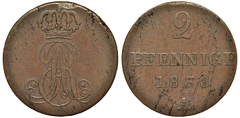 Ганновер 2 пфеннига 1838 A, Эрнст Август (1837-1851) KM 174.1, AKS 122, J. 55 медь 75-635