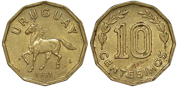 Уругвай 10 сентесимо 1981 KM 66 алюминиевая бронза 4169-542