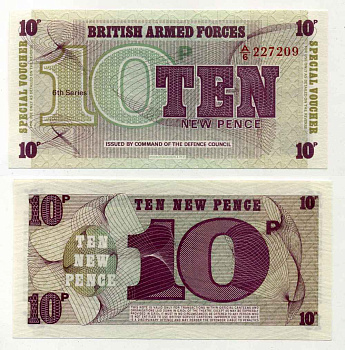 АНГЛИЯ 10 ПЕНСОВ 1972 ДЛЯ ВООРУЖЕННЫХ СИЛ, 6 СЕРИЯ, BRADBURY WILKJSON @ Co Pick М45 бумага UNC (ПРЕСС) 8589-46-4-2