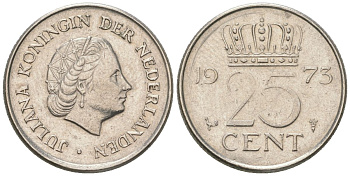 Нидерланды 25 центов 1973 Юлиана (1948-1980) KM 183 никель 4564-1135