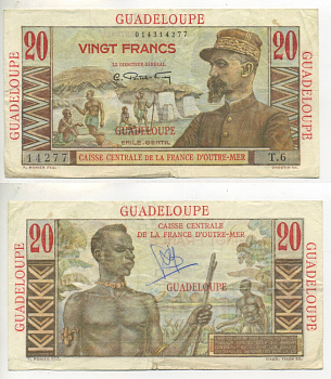 Гваделупа 20 франков 1947-1949 африканская деревня Pick 33 бумага 00-00
