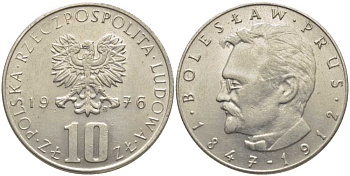 ПОЛЬША 10 ЗЛОТЫХ 1976 MW, БОЛЕСЛАВ ПРУС KM 73 медно-никель 113-421