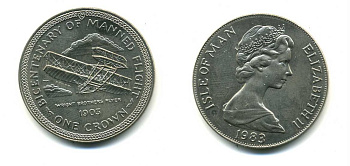 ОСТРОВ МЭН 1 КРОНА 1983 СЕРИЯ 200 ЛЕТ ПИЛОТИРУЕМОМУ ПОЛЕТУ, БИПЛАН БРАТЬЕВ РАЙТ КМ 104 медно-никель UNC 00-00