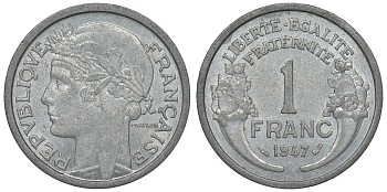 Франция 1 франк 1947 тип Morlon KM 885а.1, Le Franc 221.11 алюминий 4128-322