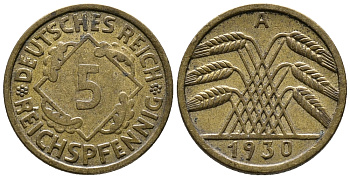 ГЕРМАНИЯ 5 РЕЙХСПФЕННИГОВ 1930 A KM 39, J. 316 алюминиевая бронза 39-565