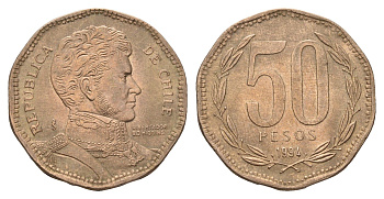 Чили 50 песо 1994 Бернардо О’Хиггинс KM 219 алюминиевая бронза aUNC 4675-642