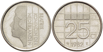 Нидерланды 25 центов 1982 Беатрикс (1980-2013) KM 204 никель 66-1168