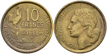 Франция 10 франков 1952 B, петух KM 915.2, Le Franc 363.5 алюминиевая бронза 4142-1243