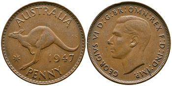 АВСТРАЛИЯ 1 ПЕННИ 1947 m, ГЕОРГ VI (1936-1952), КЕНГУРУ KM 36 бронза 74-213