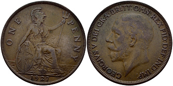 Великобритания 1 пенни 1927 Георг V (1910-1936) КМ 826, Spink 4054 бронза 3334-926