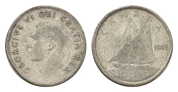 Канада 10 центов 1949 Георг VI (1936-1952) KM 43 серебро 4623-862