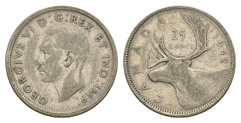 Канада 25 центов 1942 Георг V (1910-1936), олень KM 35 серебро 73-1244