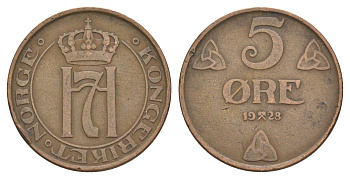 Норвегия 5 эре 1928 Хокон VII (1905-1957) KM 368 бронза 4635-524