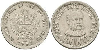 Перу 1 инти 1987 Мигель Грау KM 296 медно-никель 4398-115