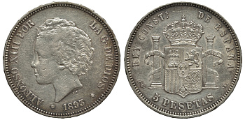 Испания 5 песет 1893 PG-L, КОРОЛЬ АЛЬФОНСО XIII KM 700 серебро 02-252-45