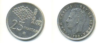 Испания 25 песет 1980 (82) чемпионат мира по футболу KM 818 медно-никель 89-1437