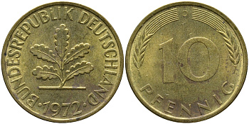 ФРГ 10 ПФЕННИГОВ 1972 D KM 108, J.383 сталь плакированная латунью 98-445